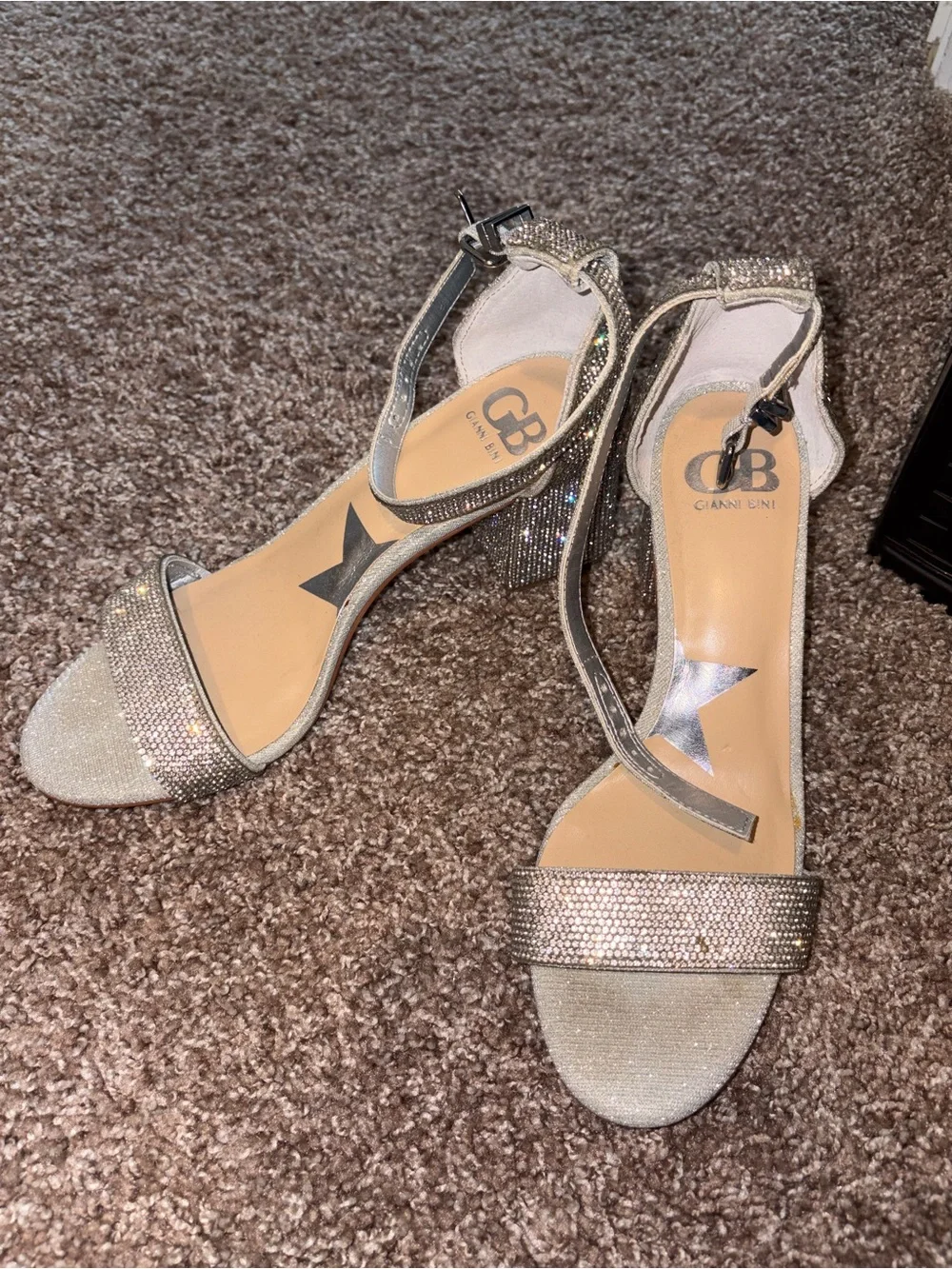 Annie Silver Rhinestone Block Heel Sandals